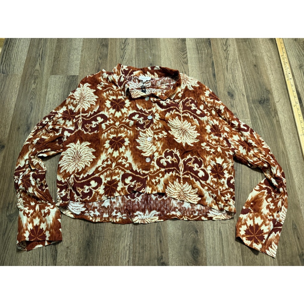 Nicole Miller New York Shirt Womens Size XL Brown Button Up Floral Crop Blouse